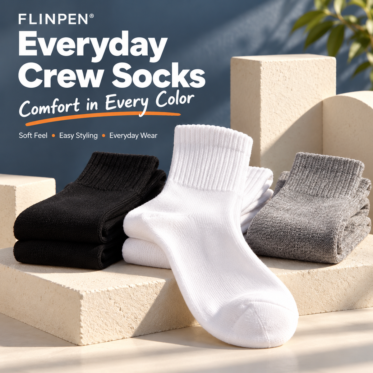 FLINPEN® Soft Everyday Crew Socks Set in Black, White & Gray