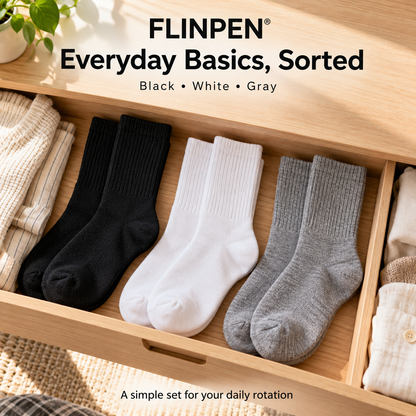 FLINPEN® Soft Everyday Crew Socks Set in Black, White & Gray